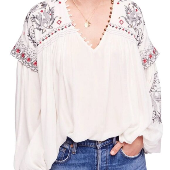 ICONIC BOHO WESTERN FREE PEOPLE EMBROIDERED STUDDED V NECK BLOUSE OFF WHITE SZ M - Picture 15 of 16